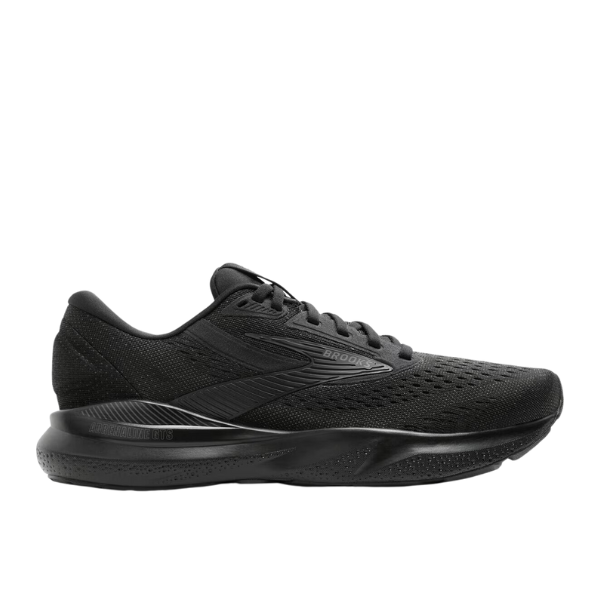 The BROOKS Womens Adrenaline GTS 24 Wide Black/Black running shoe is shown in a side profile on a white background, featuring a mesh upper, lace-up design, cushioned sole, and GuideRails® support.