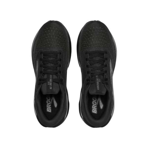 A pair of Brooks Womens Adrenaline GTS 24 Wide Black/Black running shoes viewed from above display mesh uppers, laces, and BROOKS insoles. The GuideRails® support system ensures stability, all set against a white background.