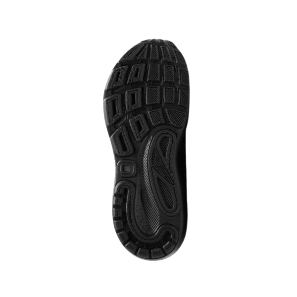 Black outsole with geometric tread, shown from below against a white background—ideal for the BROOKS Womens Adrenaline GTS 24 Wide Black/Black, featuring GuideRails® support for stability on your runs.