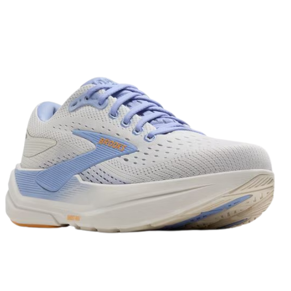 The BROOKS Women's Ghost Max 3 Medium in Coconut/Blue features a breathable mesh upper and cushioned sole ideal for plantar fasciitis, with the Brooks logo on the side, displayed at an angle on a white background.