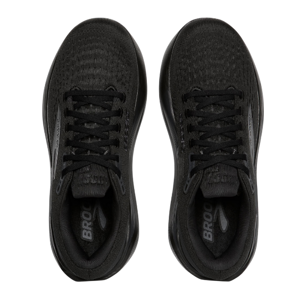 A top-down view of Brooks Men's Ghost Max 3 Wide Black/Ebony running shoes by BROOKS, featuring mesh uppers and subtle branding on the tongue and insole—ideal for plantar fasciitis—side by side on a plain white background.