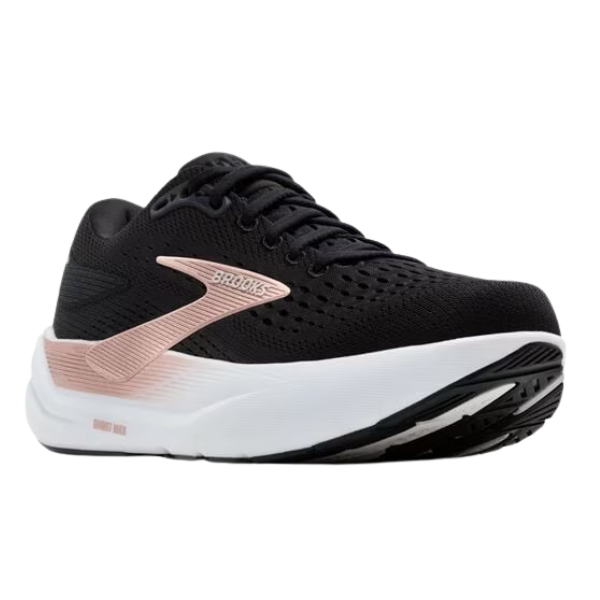 The BROOKS Women's Ghost Max 3 Wide Black/Rose Gold, a black running shoe with a thick white sole and rose gold accent, is ideal for comfort and plantar fasciitis support, shown angled on a white background.