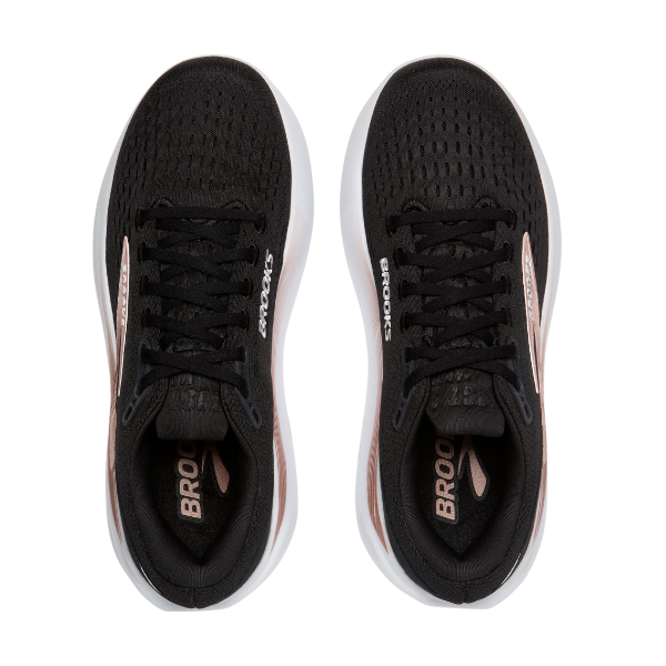 The BROOKS Women's Ghost Max 3 Wide in Black/Rose Gold features mesh uppers, laces, and visible brand logos on the tongue and sides—ideal for plantar fasciitis support with stylish white soles.