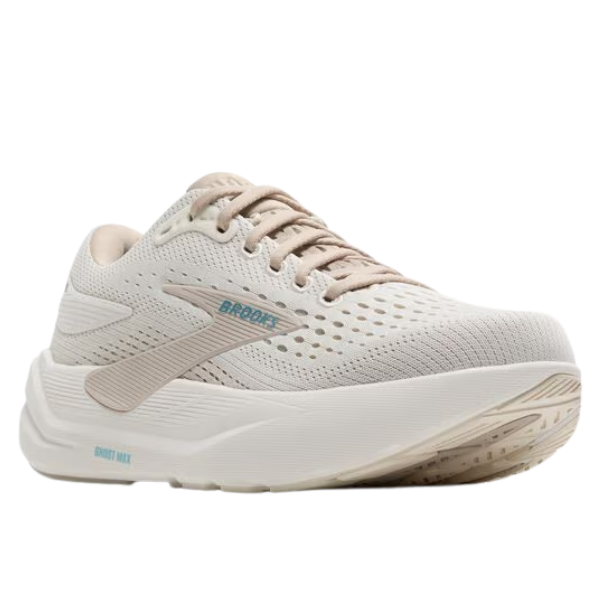 The BROOKS Women's Ghost Max 3 Wide Coconut/Chateau running shoes feature a beige and white design, cushioned sole for comfort, breathable mesh upper, Brooks branding, and light tan laces with accent details.