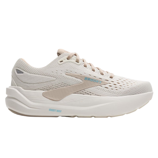 The BROOKS Women's Ghost Max 3 Wide in Coconut/Chateau features a light beige mesh upper, thick white sole, subtle blue branding, and a wide fit—offering lightweight breathability and comfort ideal for runners or those needing foot pain relief.