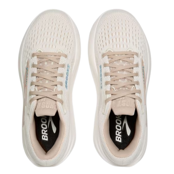 Top view of Brooks Women's Ghost Max 3 Wide Coconut/Chateau running shoes by BROOKS, featuring white laces, a breathable mesh upper, black insoles with the logo—designed for comfort and foot pain relief.