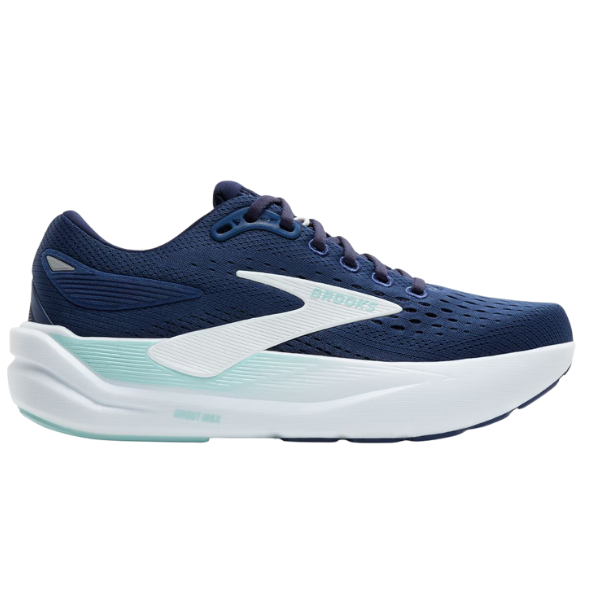 The BROOKS Women's Ghost Max 3 Wide Navy/Peacoat features a breathable mesh upper, cushioned elevated white sole, light blue accents, and a white side logo for comfort and foot pain relief on every run.