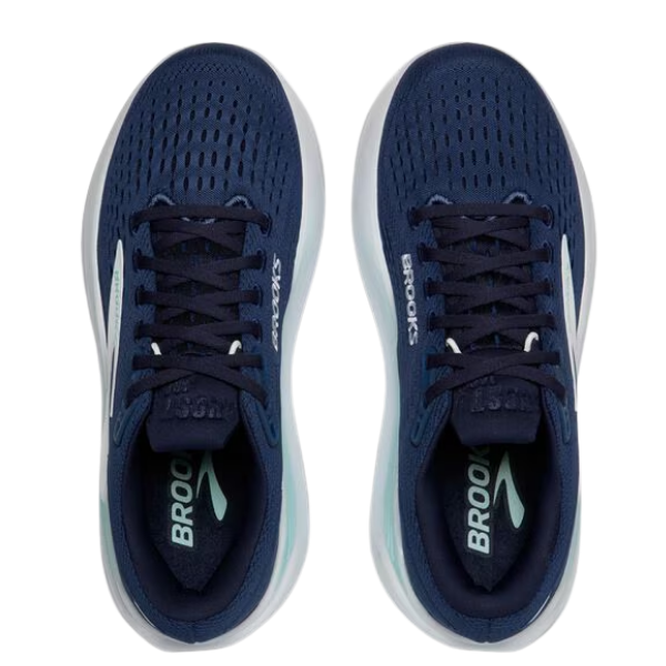 The BROOKS Women's Ghost Max 3 Wide Navy/Peacoat features ventilated mesh uppers, cushioned support for foot pain relief, white soles, dark blue laces, and BROOKS branding, shown from above in navy blue.