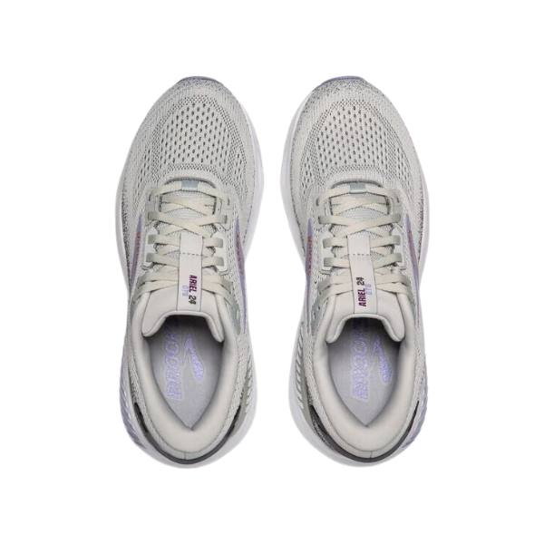 A pair of BROOKS Womens Ariel GTS 24 running shoes in Grey/Purple Wide, featuring mesh uppers, white laces, and purple accents, designed for maximum support and shown from above on a white background.