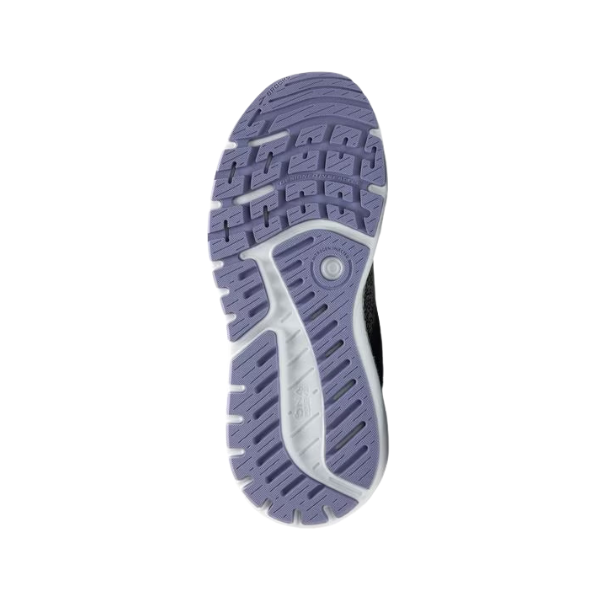 The image displays the sole of the BROOKS Womens Ariel GTS 24 Grey/Purple Wide running shoe, featuring a textured, grooved tread in light purple and white for enhanced support and traction, shown on a plain white background.