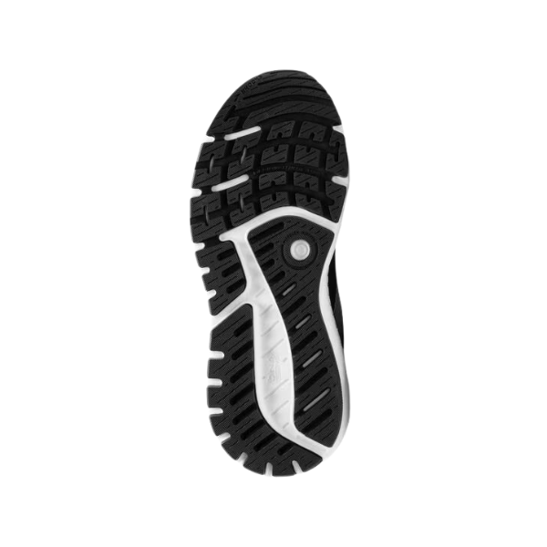 The BROOKS Womens Ariel GTS 24 Wide Black/White athletic shoe sole features a black and white design with patterned tread, textured grip, and a visible circular insert near the arch for extra support, shown isolated on a white background.
