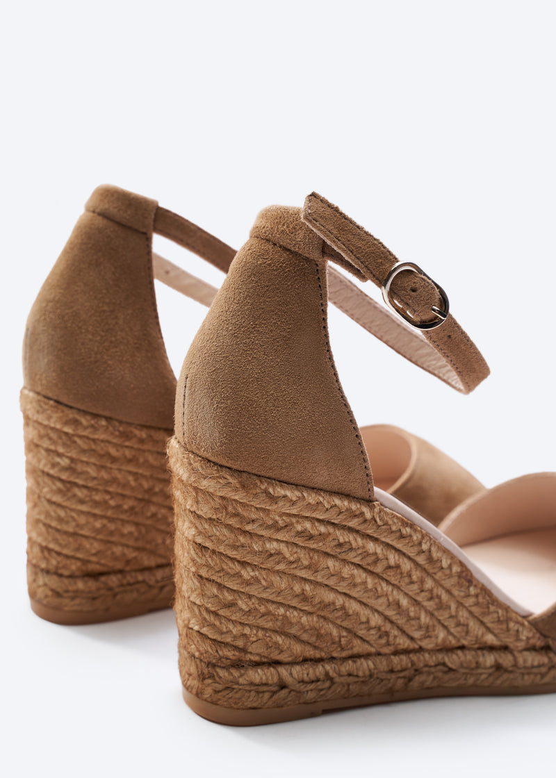 Caprubi Camel Suede Ankle Strap Women Espadrille High Wedges Back Detail