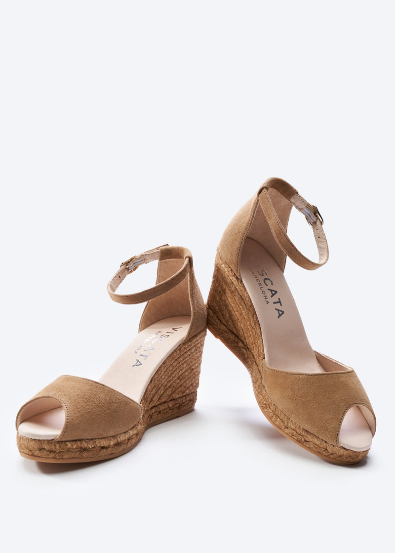 Caprubi Camel Suede Ankle Strap Women Open Toe Espadrille Wedges