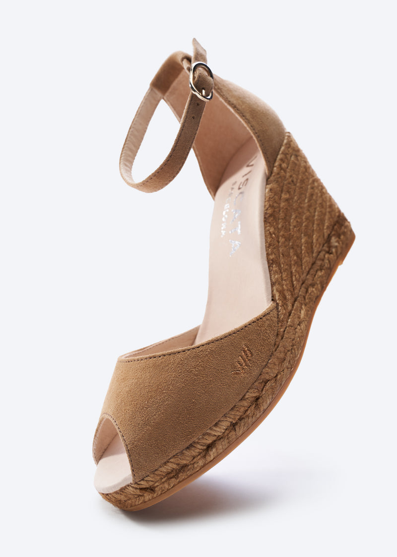 Caprubi Camel Suede Ankle Strap Women Open Toe Espadrille High Heel Wedge
