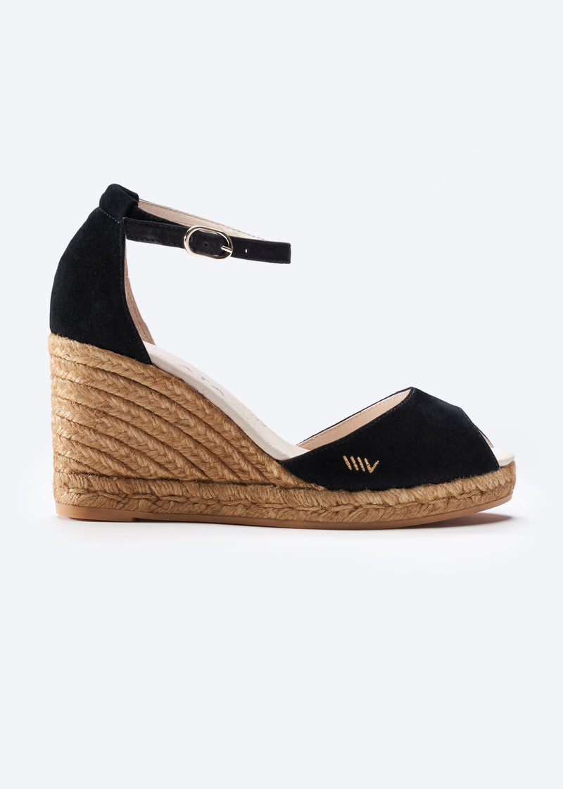 Caprubi Black Suede Ankle Strap Women Espadrille Wedge