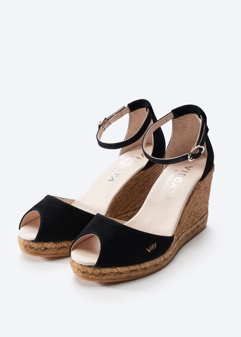 Caprubi Black Suede Ankle Strap Women Espadrille High Heel Wedges