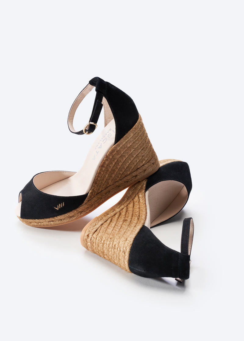 Caprubi Black Suede Ankle Strap Women Open Toe Espadrille Wedges