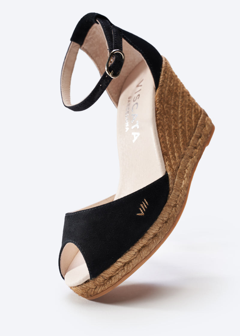 Caprubi Black Suede Ankle Strap Women Espadrille High Wedge