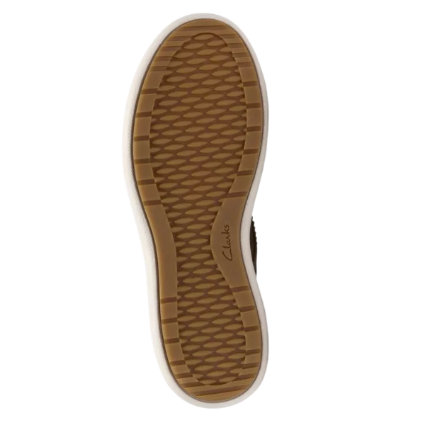Bottom view of the CLARKS Women's Nalle Zen Metallic sneaker, showing a light brown rubber sole with diamond-patterned tread, white outer edge, and the CLARKS name embossed near the Contour Cushion footbed.