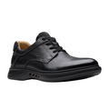 The Clarks Mens Un Briley Pace Wide Black by CLARKS is a black leather lace-up dress shoe with a rounded toe, cushioned collar, sturdy rubber sole, and lightweight EVA midsole for comfort, shown on a white background.