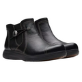 The CLARKS Women's Certina Joy Wide Black boots feature black leather, side buckles, white contrast stitching, and rubber soles—ideal for everyday comfort. Displayed on a white background.