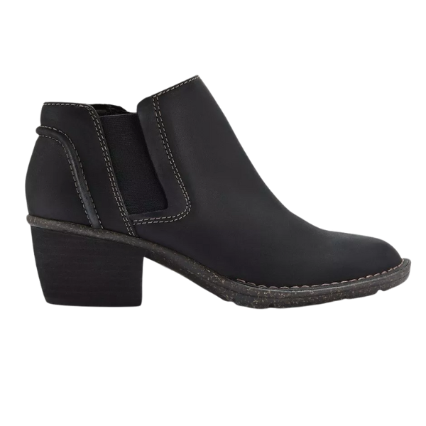 The Clarks Women's Kastela Lo Black Leather ankle boot features a comfy block heel, white stitching, and elastic side panel—an ideal choice for fans of CLARKS women's ankle boots. Displayed on a white background.