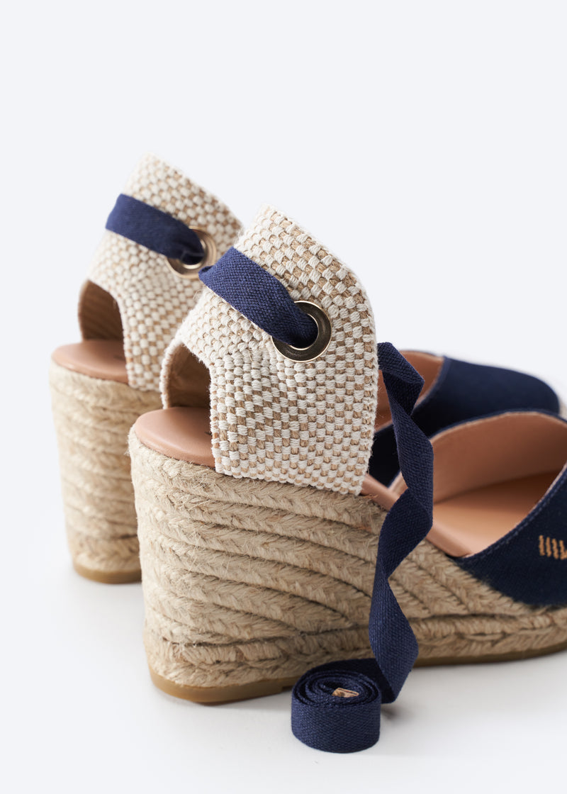 Culip Navy Blue Canvas Lace Up Women Espadrille Wedges Flexible Back Detail