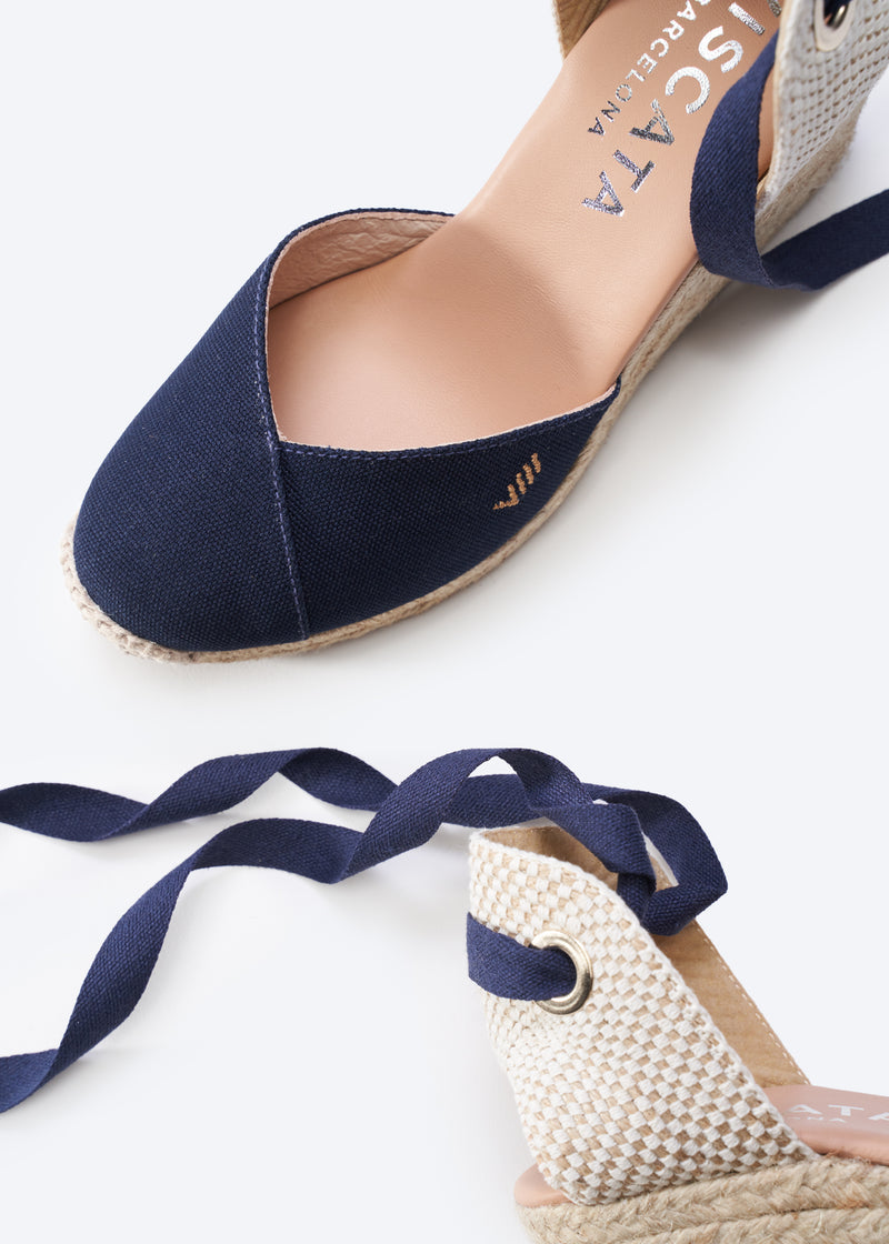 Culip Navy Blue Canvas Lace Up Women Espadrille Wedges Closed Toe Detail