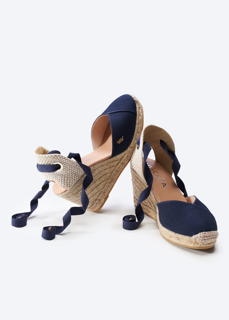 Culip Navy Blue Canvas Lace Up Women Espadrille High Wedges