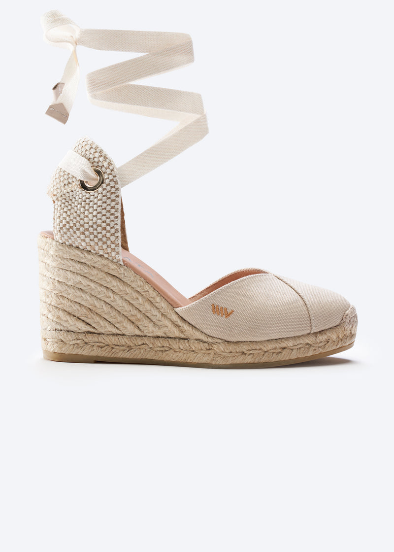 Culip Beige Canvas Lace Up Women Espadrille Wedge