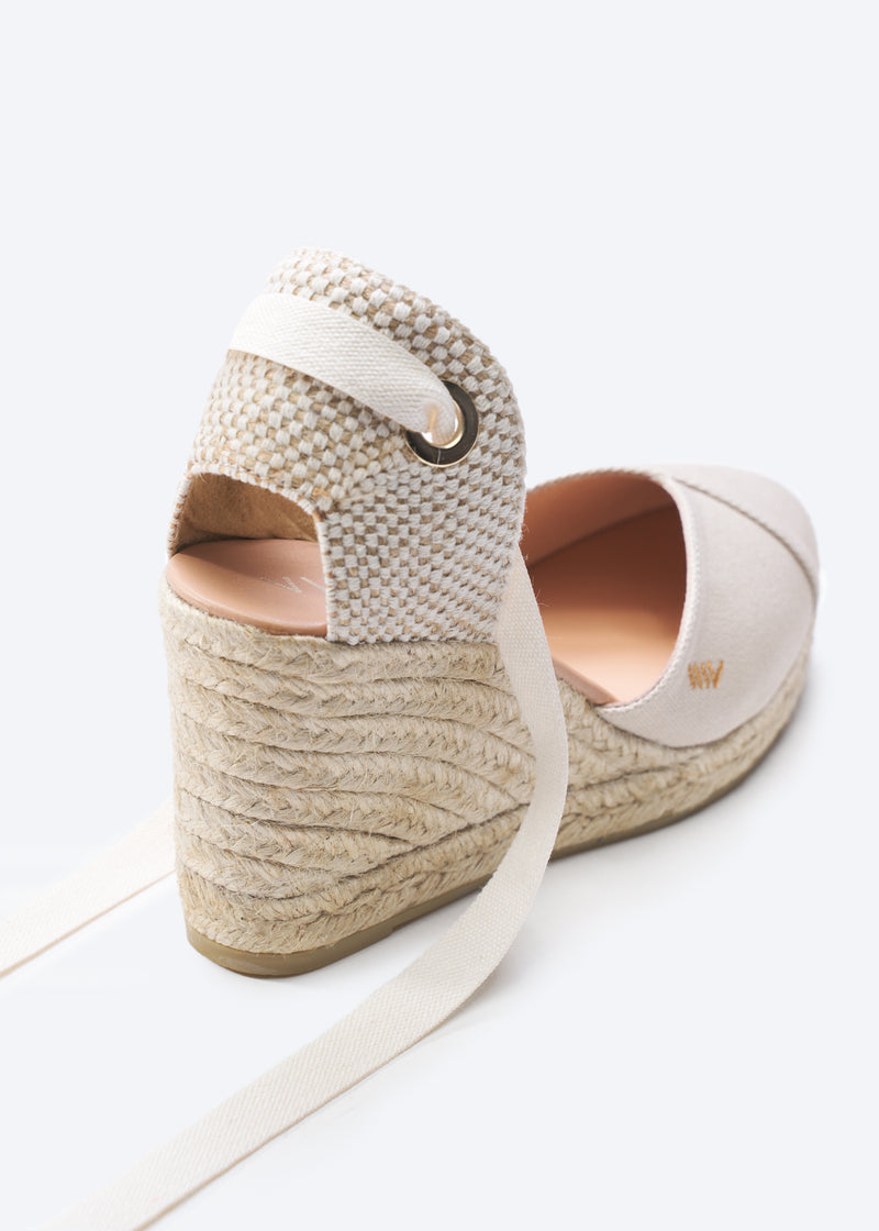 Culip Beige Canvas Lace Up Women Espadrille Wedge Flexible Back Detail
