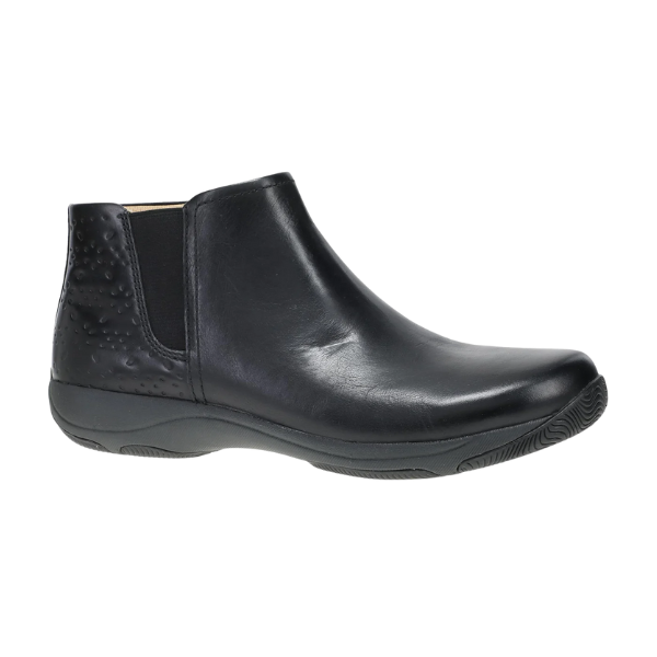 Dansko Women's Sherry Black bootie: low heel, side elastic panel & slip-resistant textured back.