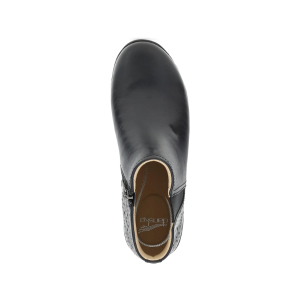 Top view of the Dansko Women’s Sherry Black by DANSKO, a slip-resistant black bootie with side zipper and textured heel.