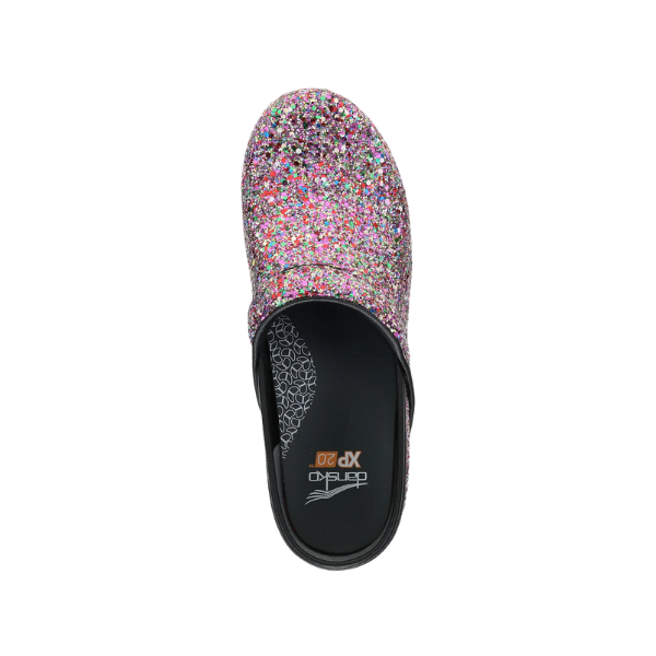 Top view of the Dansko Women's XP 2.0 Party Glitter XP slip-on with multicolor glitter, black sole, and patterned insole.