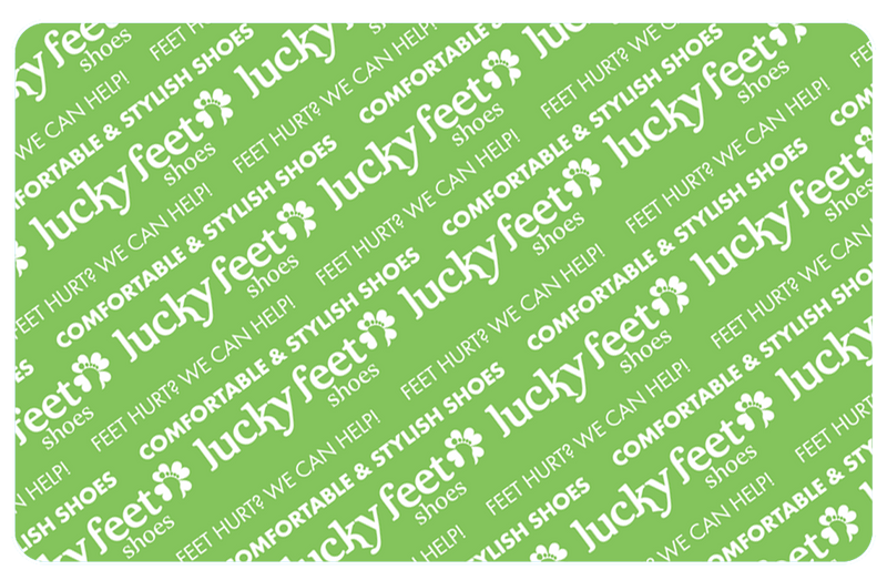 A green rectangular Digital Gift Card from 99minds features the lucky feet shoes logo and phrases like "COMFORTABLE & STYLISH SHOES" and "FEET HURT? WE CAN HELP!" repeated diagonally in white text.