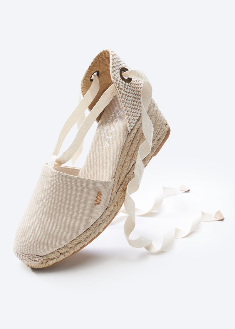 Escala Beige Canvas Lace Up Women Espadrille Medium Heel Wedge