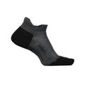 The FEETURES Feetures Unisex Elite Max Cushion No Show Tab Grey sock is a low-cut, dark gray and black athletic sock with reinforced fabric and Elite Max Cushion in the heel, arch, and toe. Subtle pattern details are visible on a white background.