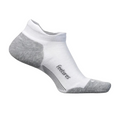 The FEETURES Unisex Elite Max Cushion No Show Tab White sock features gray heel and toe accents, targeted compression, and “feetures” printed on the side, shown on a plain white background.