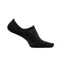 A single FEETURES Unisex Elite Ultra Light Invisible Black no-show sock featuring a low-cut design, subtle textured patterns, and targeted compression is displayed against a plain background.