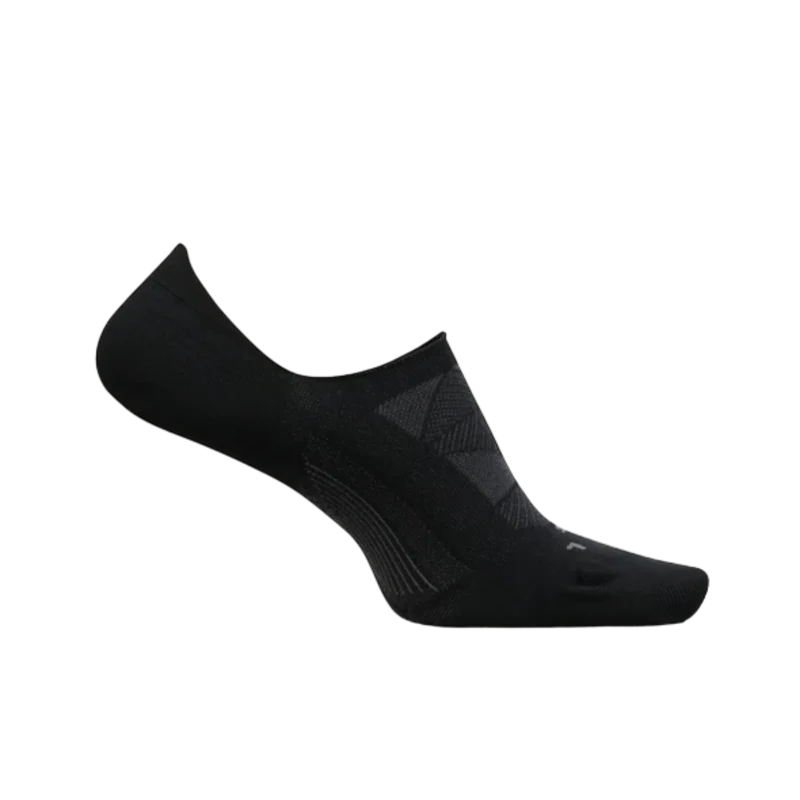 A single FEETURES Unisex Elite Ultra Light Invisible Black no-show sock featuring a low-cut design, subtle textured patterns, and targeted compression is displayed against a plain background.