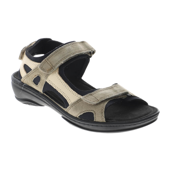 The FIDELIO Womens Liberty Beige sandal features a beige and black open-toe design with adjustable hook-and-loop straps and a low cushioned sole, offering comfort and gentle support for plantar fasciitis during casual wear.