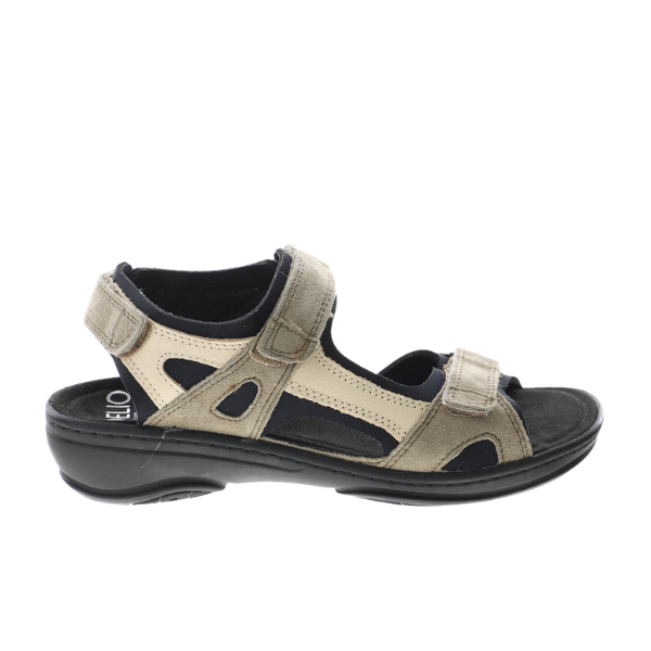 The Fidelio Womens Liberty Beige sandal by FIDELIO features beige and black open-toe design, adjustable Velcro straps, and a cushioned black sole—ideal for plantar fasciitis—shown in side profile against a white background.