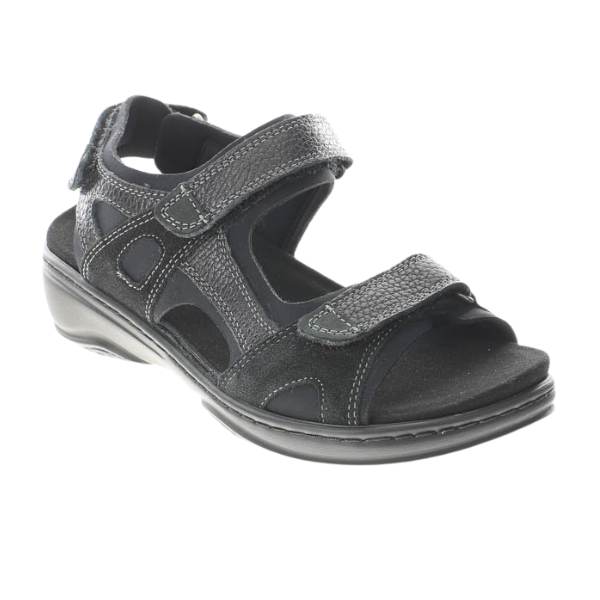 The FIDELIO Womens Liberty Black sandal features open toes, adjustable hook-and-loop straps, a cushioned sole, visible stitching, and a slight heel. Designed for comfort and support, its ideal for those with plantar fasciitis or bunions.