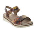 The FIDELIO Womens Trinity Multi Sandal features a floral print in earthy red, yellow, and brown tones, two adjustable straps, a cushioned tan insole for comfort and pain relief, and a white athletic sole.