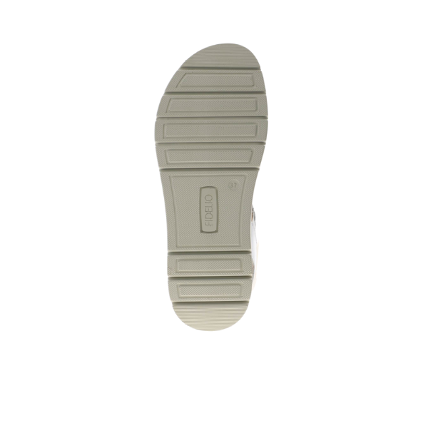 Sole of the Fidelio Womens Trinity White sandal in light gray, featuring a rectangular tread and FIDELIO branding at the center. Designed for comfort, especially for plantar fasciitis. Size 37 marked near the arch.