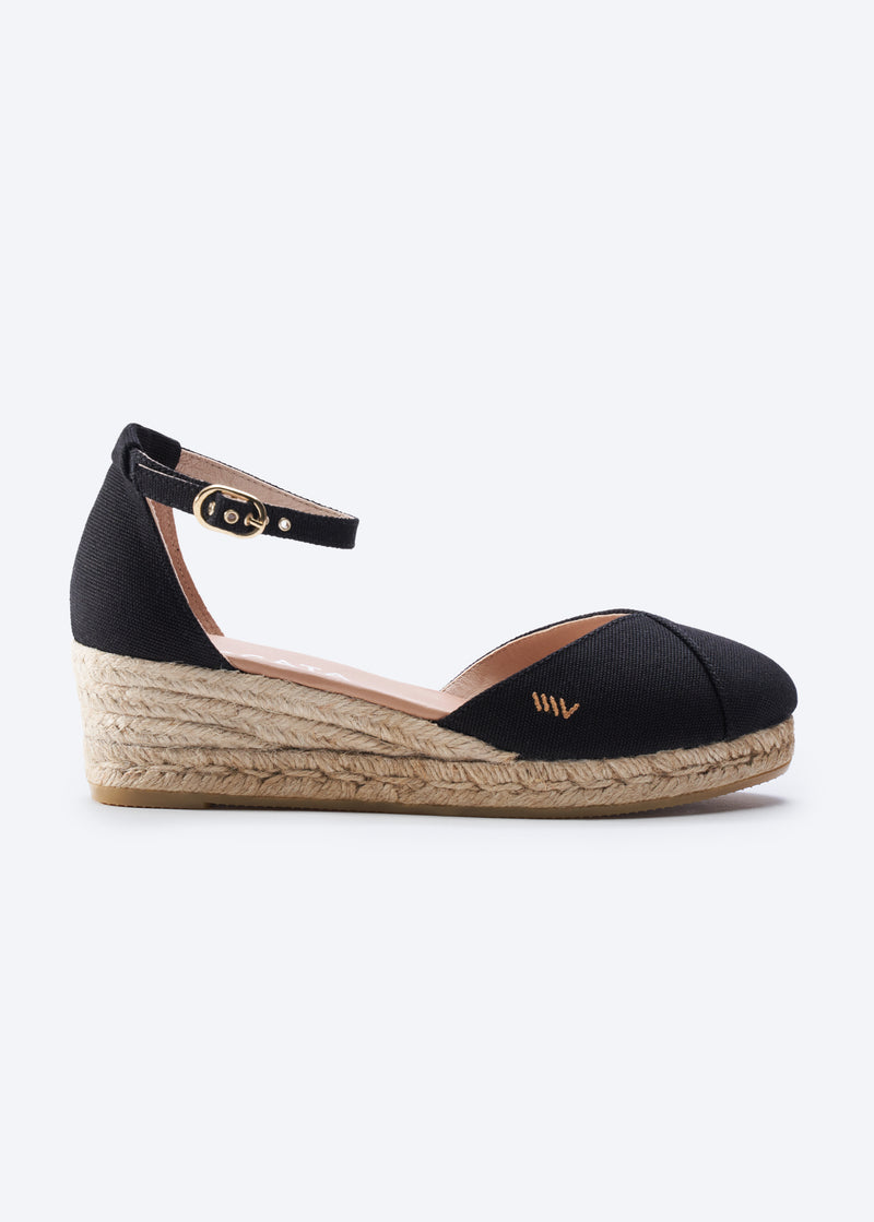 Formiga Black Canvas Ankle Strap Women Espadrille Wedge