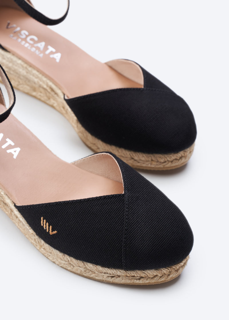 Formiga Black Canvas Ankle Strap Women Espadrille Wedges V Cut Detail