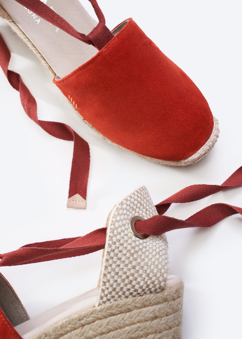 Fosca Limited Edition Tangerine Suede Women Lace Up Espadrille Closed Toe Flexible Back Wedges