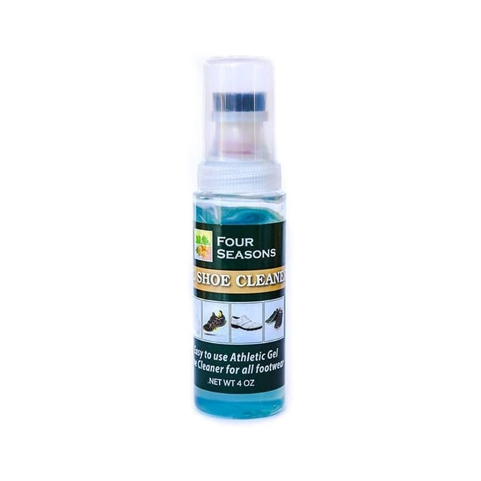 A 4 oz bottle of Burten Four Season Gel Cleaner with a clear cap, blue liquid, and shoe images; an easy-to-use athletic gel cleaner for all footwear that’s effective and convenient.