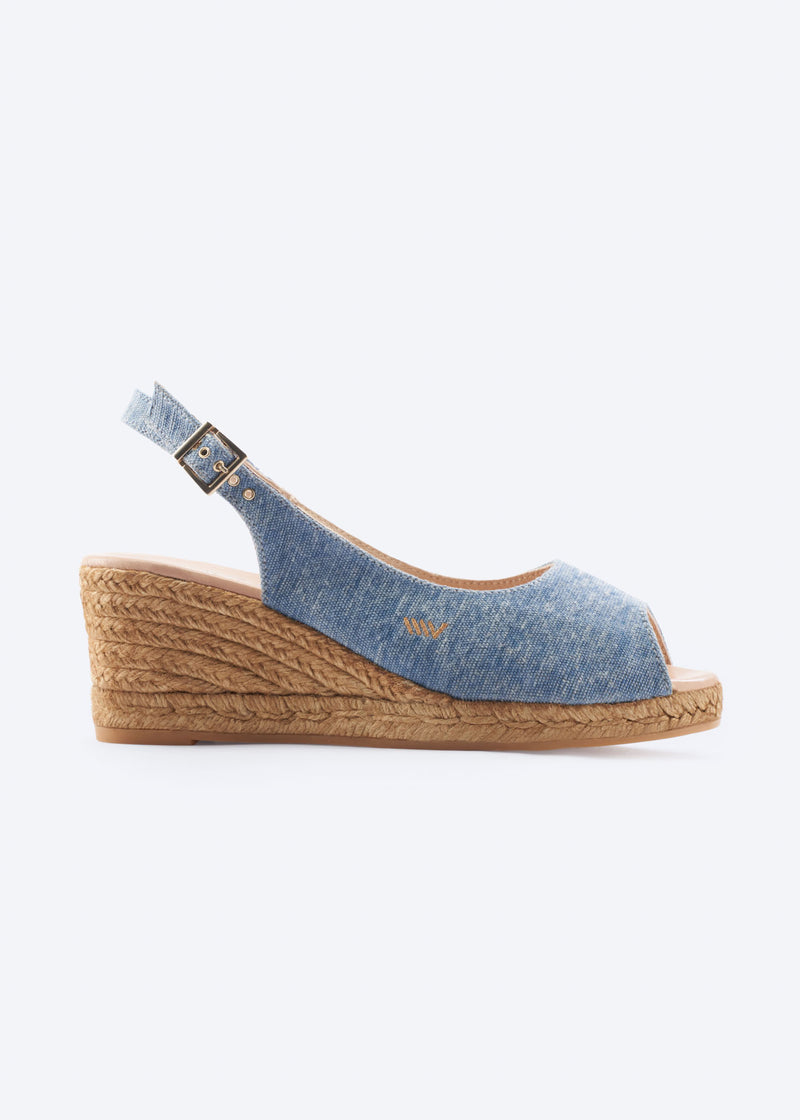 Side view of washed denim wedge espadrille sandal with slingback strap, open toe, and natural braided jute wedge, handcrafted in Spain